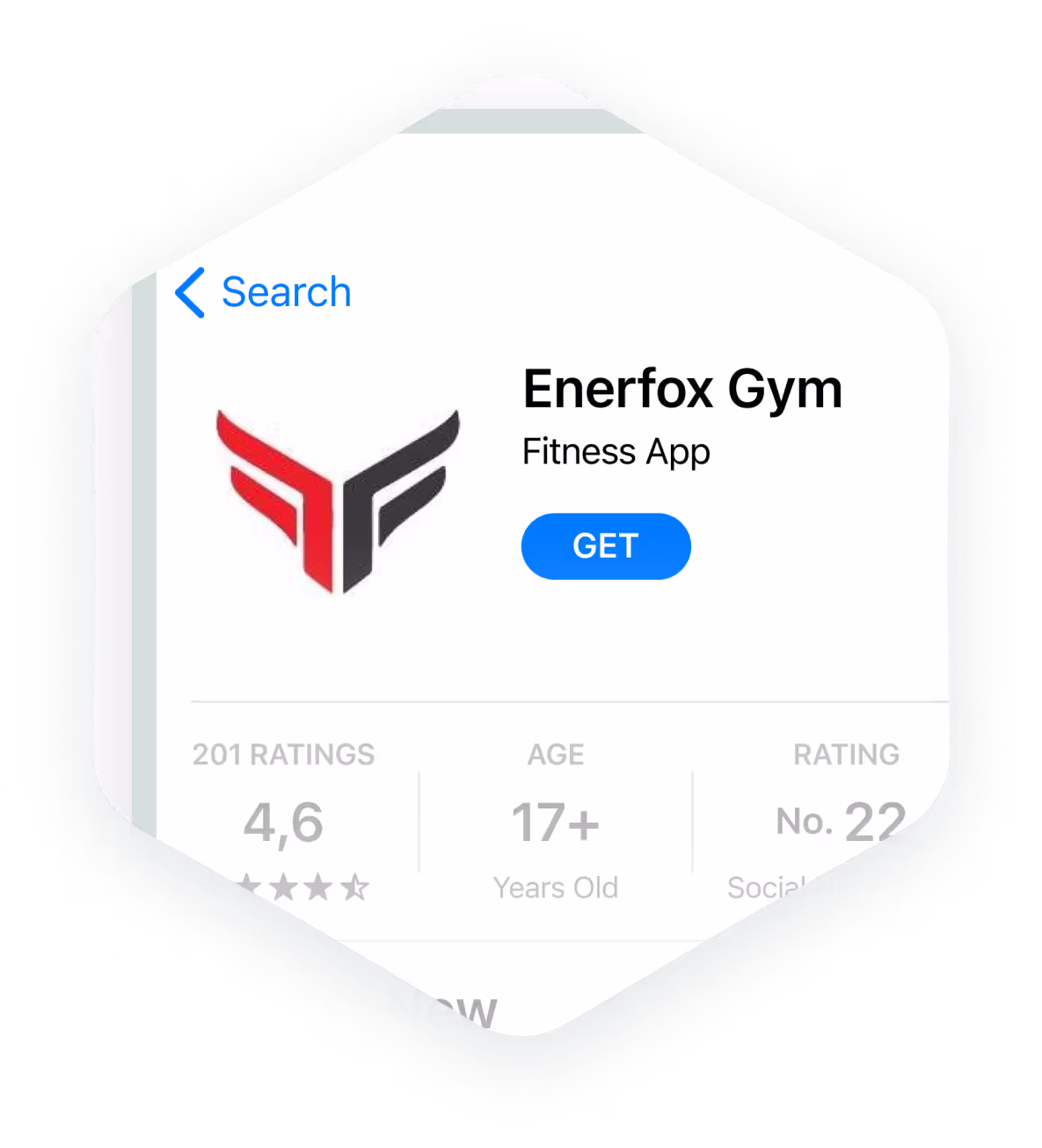 App de fitness Enerfox Gym con logo, valoración de 4,6 y clasificación de edad 17+