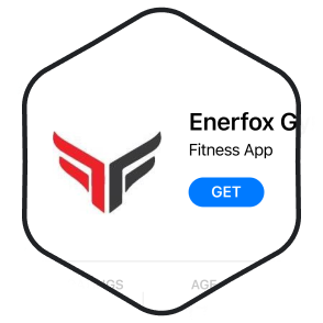 Enerfox G fitness app logo in hexagonal frame with blue button