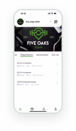 Mobile app interface of Five Oaks Gym with navigation menu and workout information