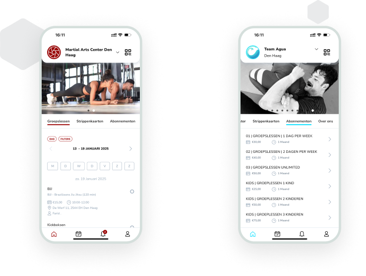 Dos pantallas de la app móvil para centros deportivos con información de entrenamientos y membresías