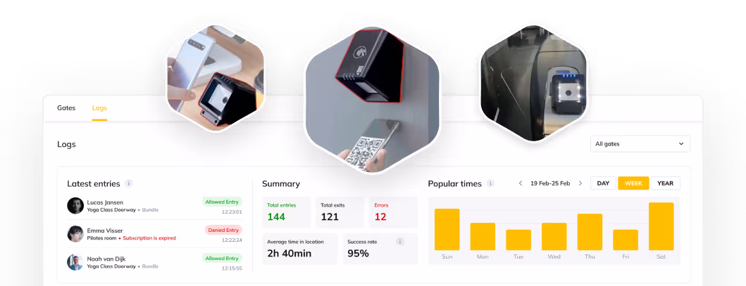Dashboard interface with gate statistics, QR code, and user log