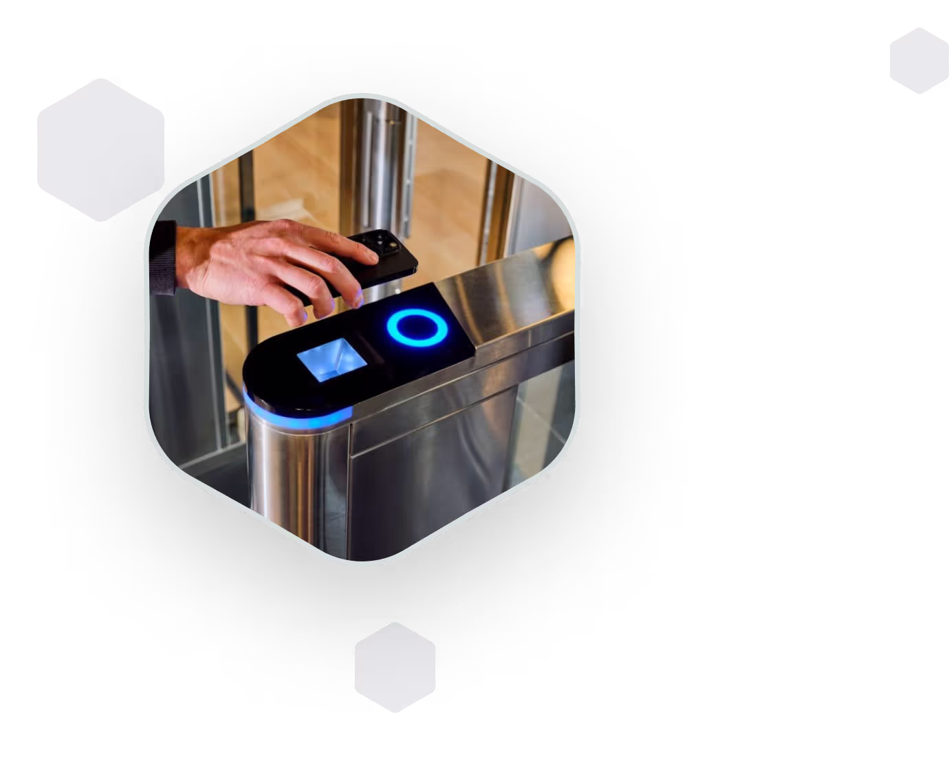 Electronic access gate with blue lighting and someone scanning a card