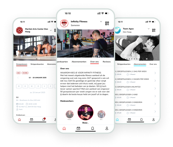 Screenshots of fitness app with sports-related images and info
