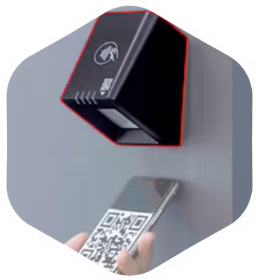 Scanning QR code with black electronic device on grey background