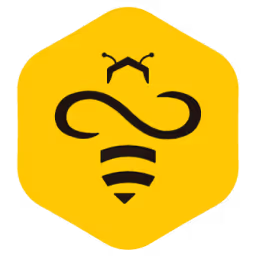 Abeja estilizada en amarillo y negro, diseño de logotipo con fondo hexagonal