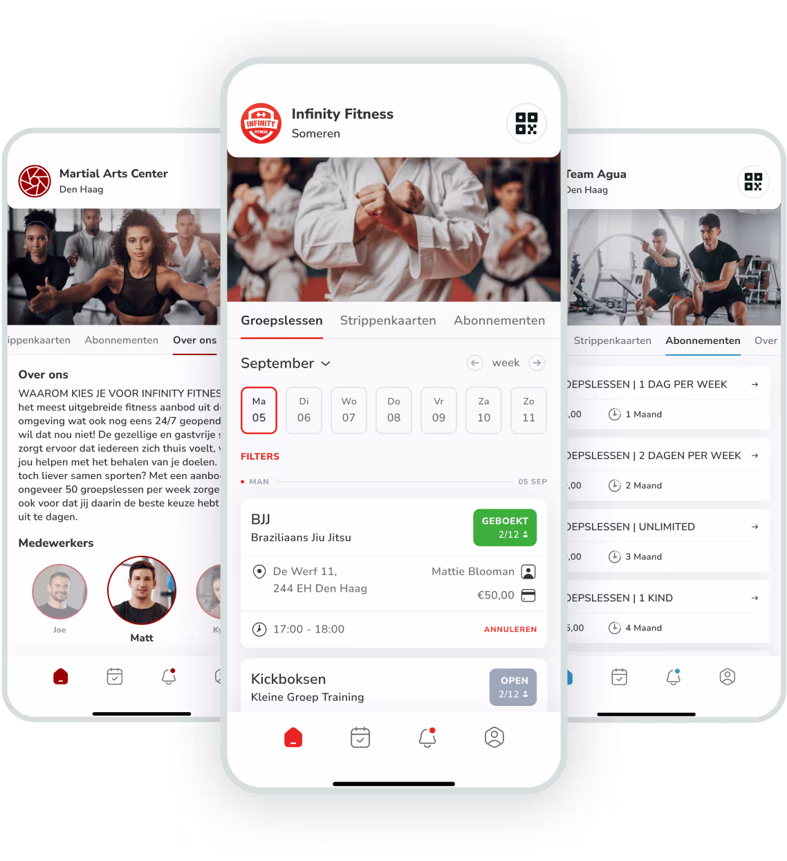 Interfaz de app de fitness con clases grupales, opciones de entrenamiento y actividades deportivas