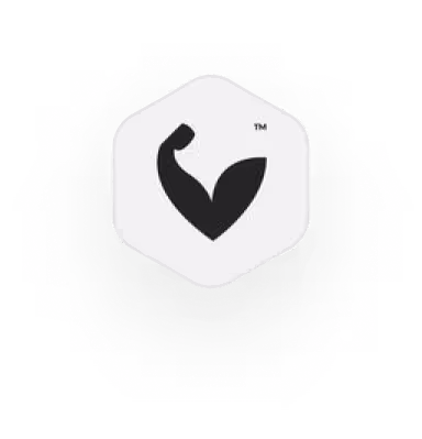 Black and white logo with stylized muscle in hexagonal icon
