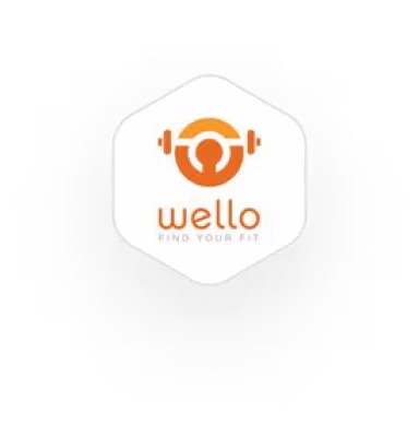 Wello logo with orange person holding dumbbells on hexagonal background