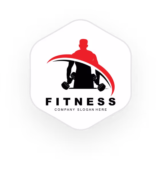 Fitness logo with silhouette of muscular man holding dumbbells in red and black