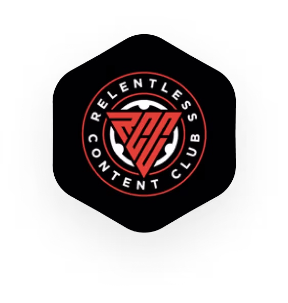 Black and red Relentless Content Club logo in hexagonal shape