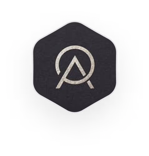 Black hexagonal logo with stylized letters A and O