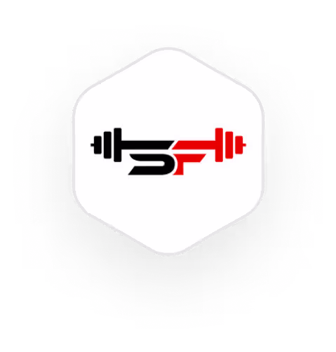 Gym logo with dumbbell in black and red on hexagonal background