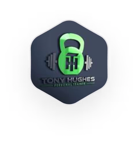 Green kettlebell and dumbbell in Tony Hughes personal trainer logo