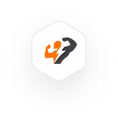 Sporty icon with muscular arm and lightning bolt in orange and black