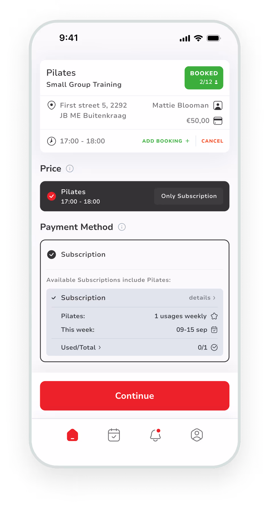 Pilates booking screen with membership details and continue button