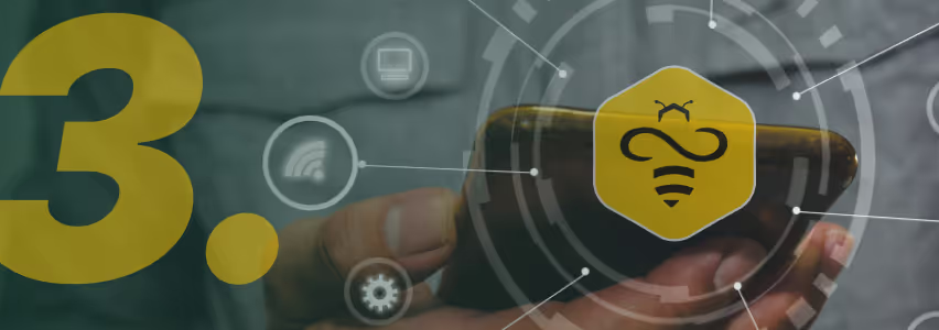 Logo tecnológico de abeja con el número 3 e iconos de conexión digital